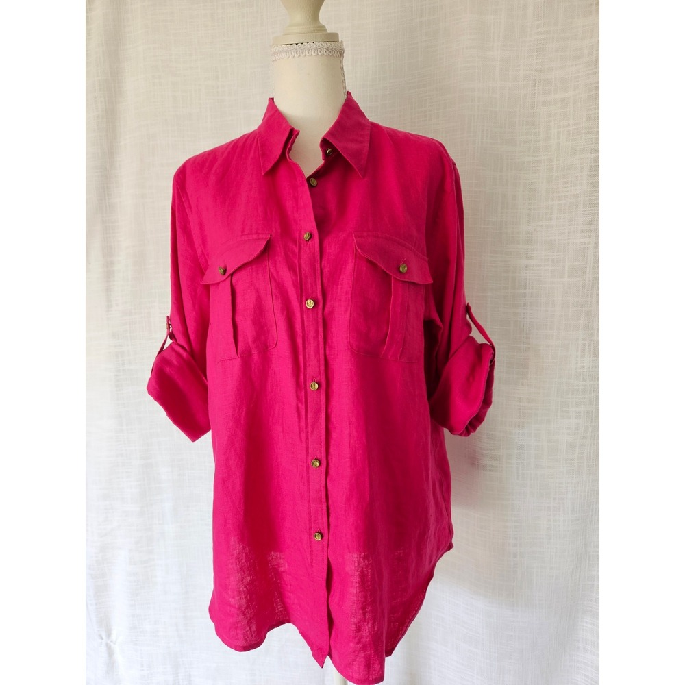 Lauren Ralph Lauren Linen Button Down Shirt Women Large Pink Coastal Breathable